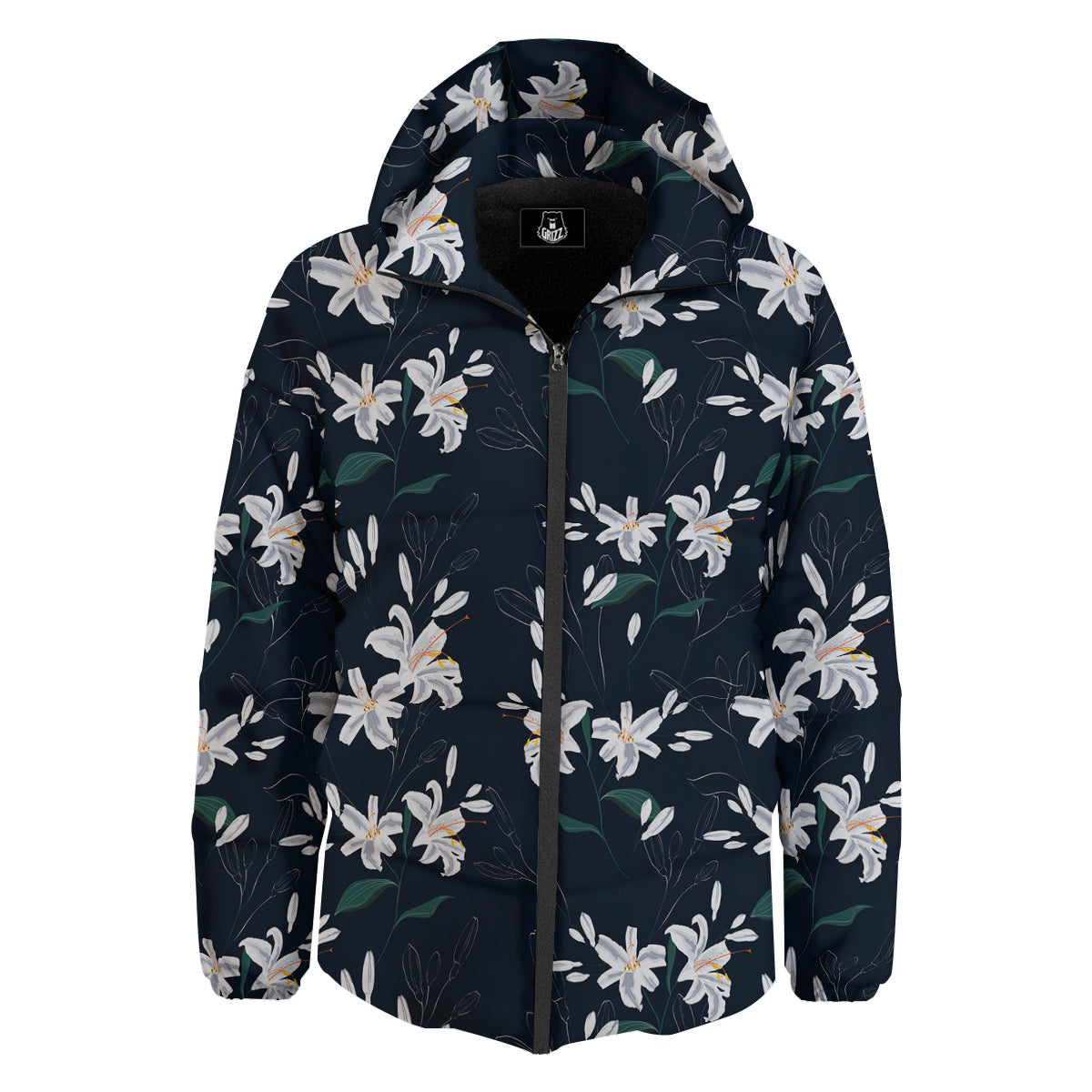 White Lily Black Print Pattern Down Jacket-grizzshop