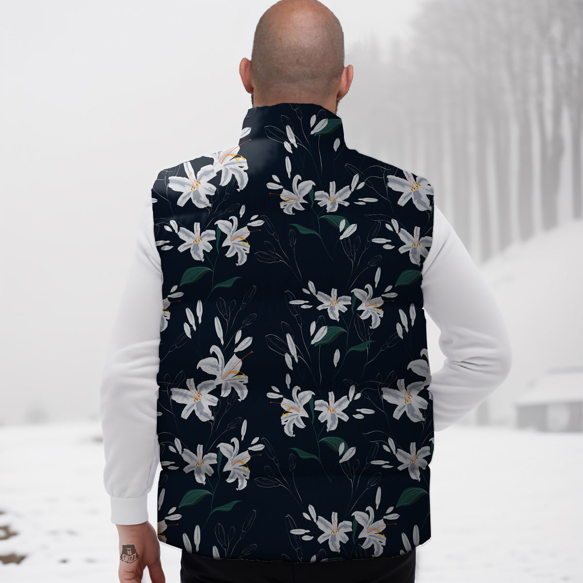 White Lily Black Print Pattern Down Vest-grizzshop