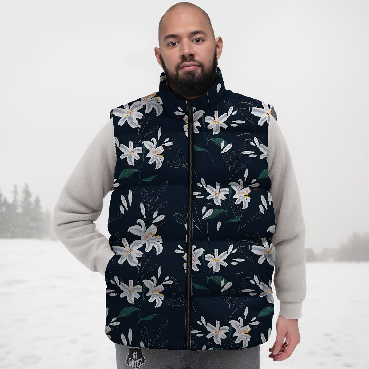 White Lily Black Print Pattern Down Vest-grizzshop
