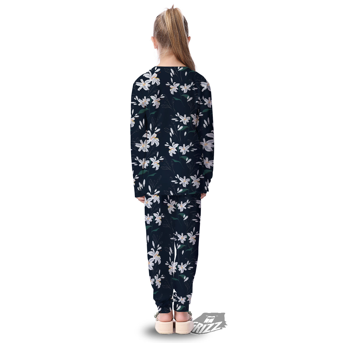 White Lily Black Print Pattern Kid's Pajamas-grizzshop