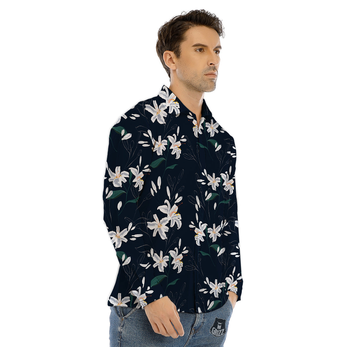 White Lily Black Print Pattern Men's Dress Shirts-grizzshop