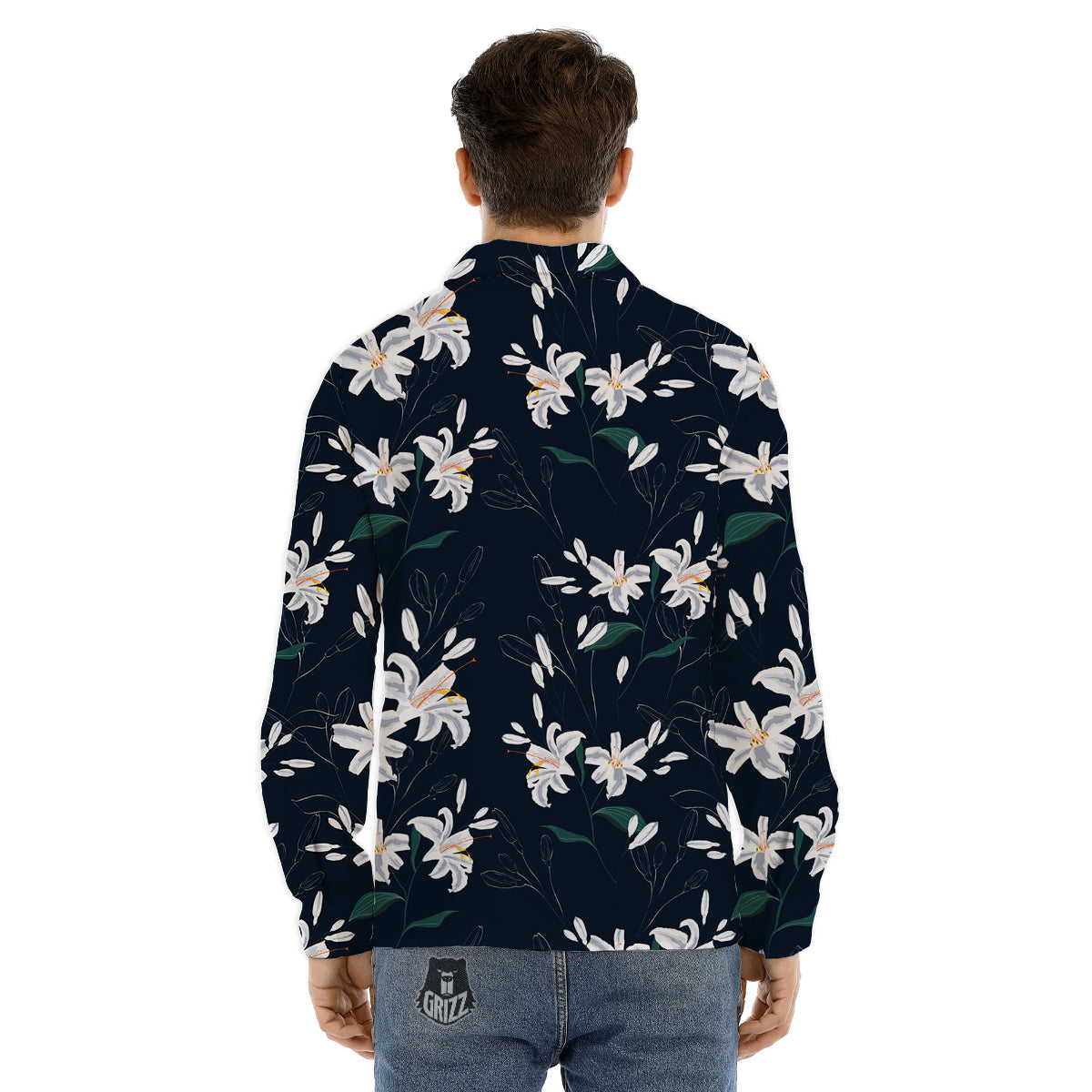 White Lily Black Print Pattern Men's Dress Shirts-grizzshop