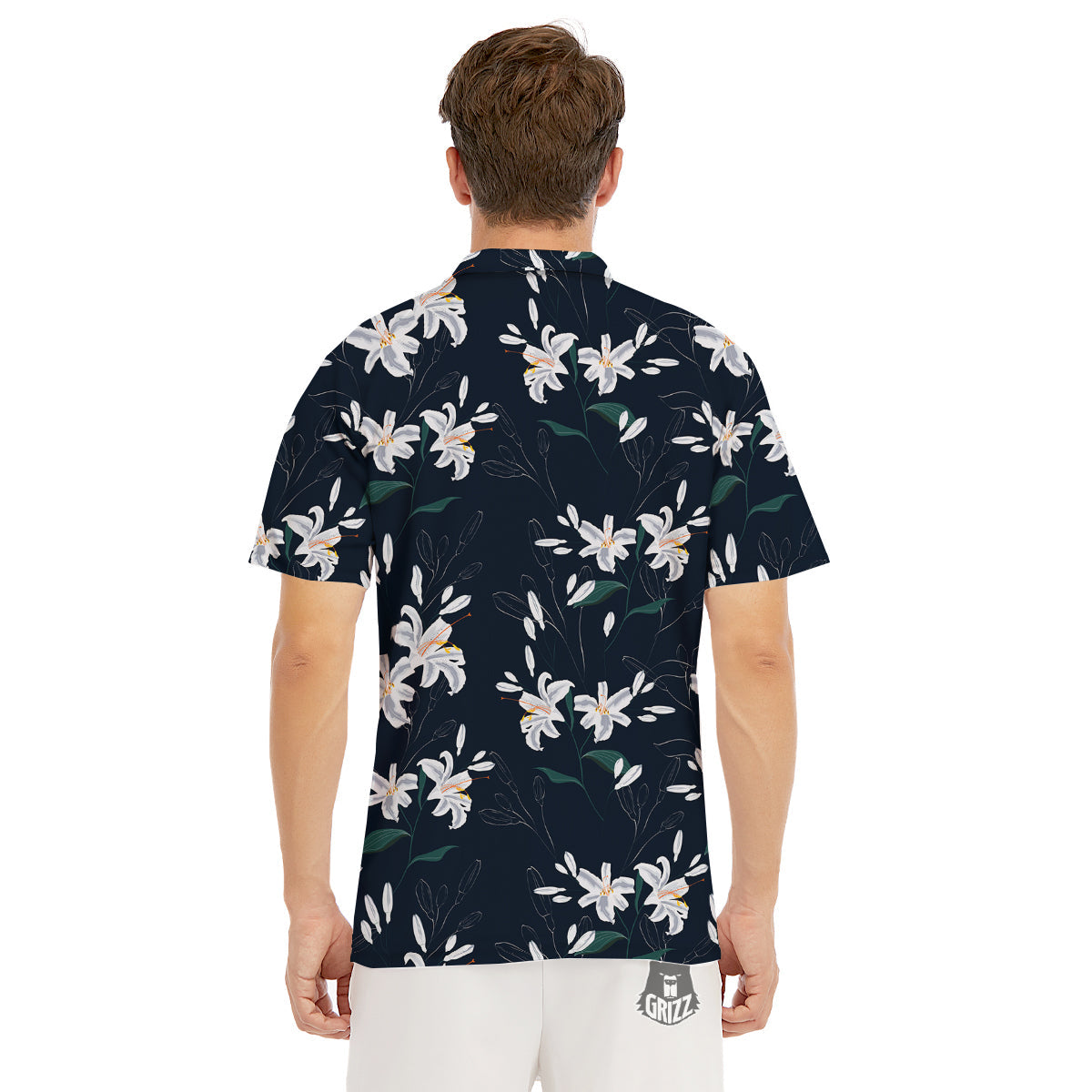 White Lily Black Print Pattern Men's Golf Shirts-grizzshop