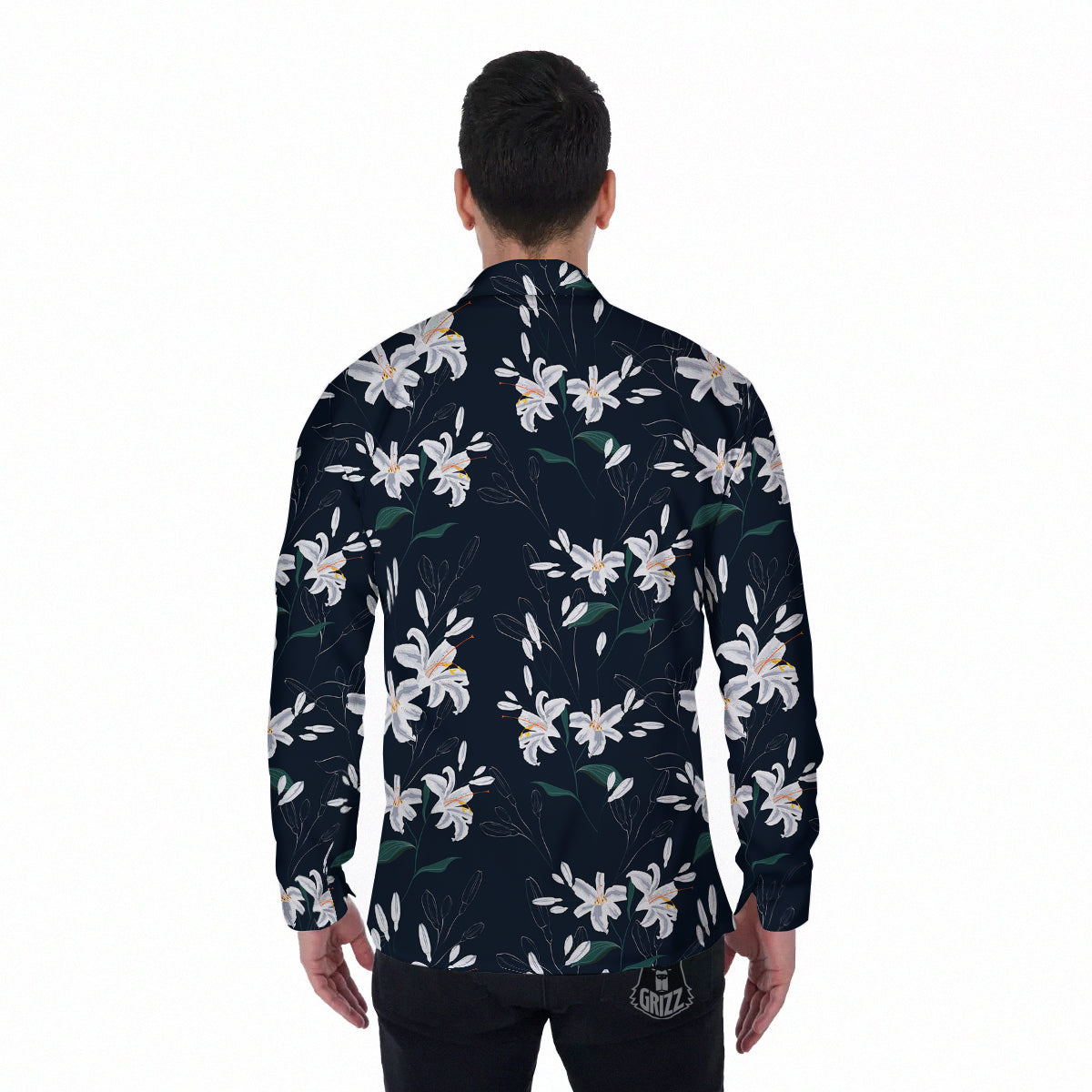 White Lily Black Print Pattern Men's Long Sleeve Shirts-grizzshop