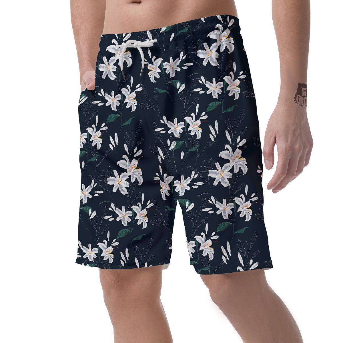 White Lily Black Print Pattern Men's Shorts-grizzshop