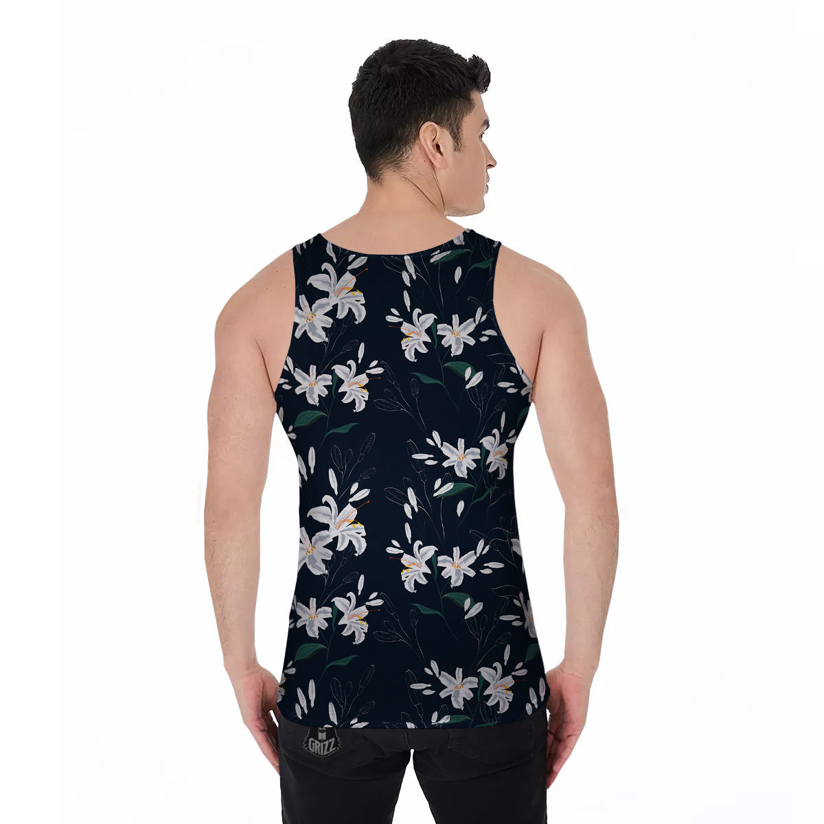 White Lily Black Print Pattern Men's Tank Top-grizzshop