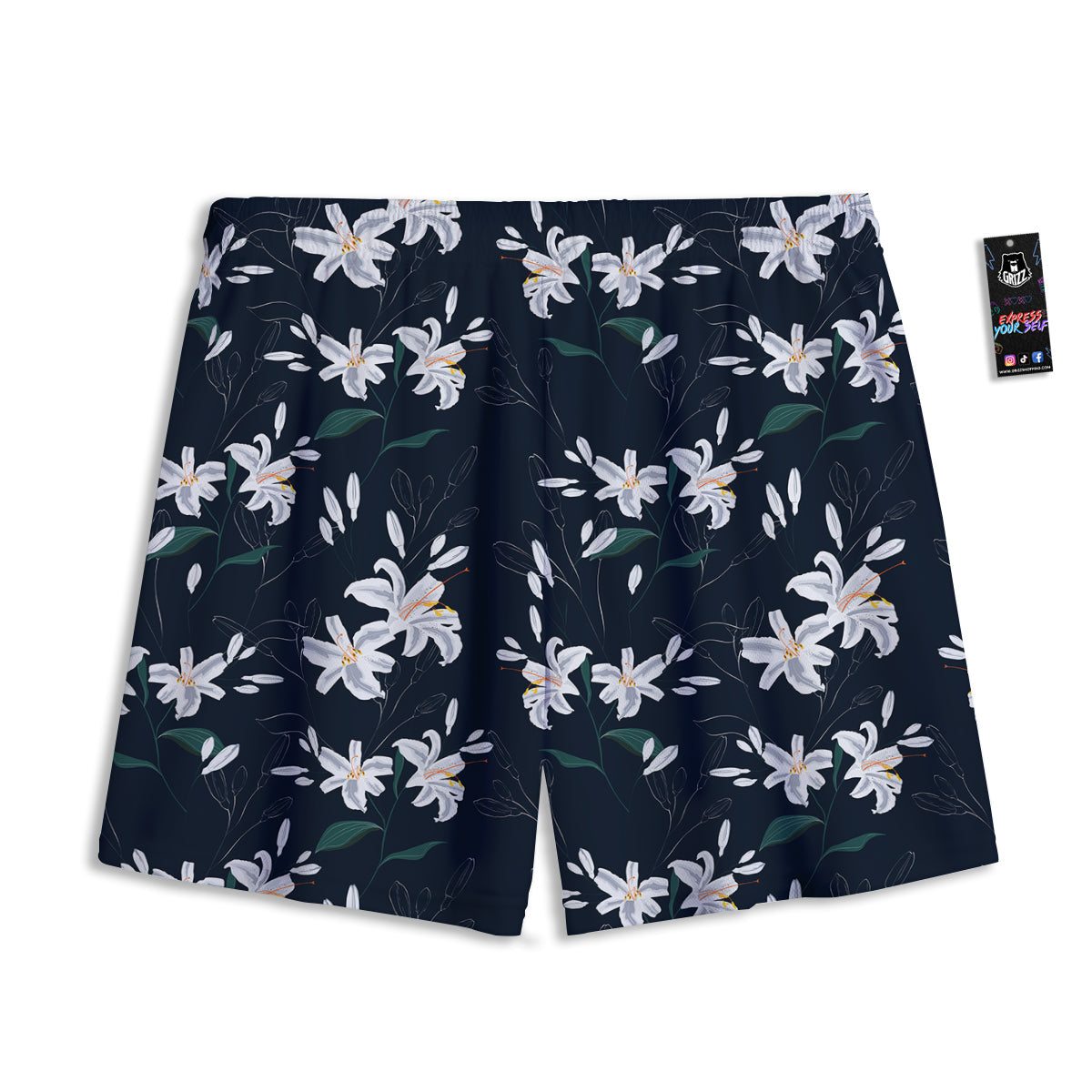 White Lily Black Print Pattern Mesh Shorts