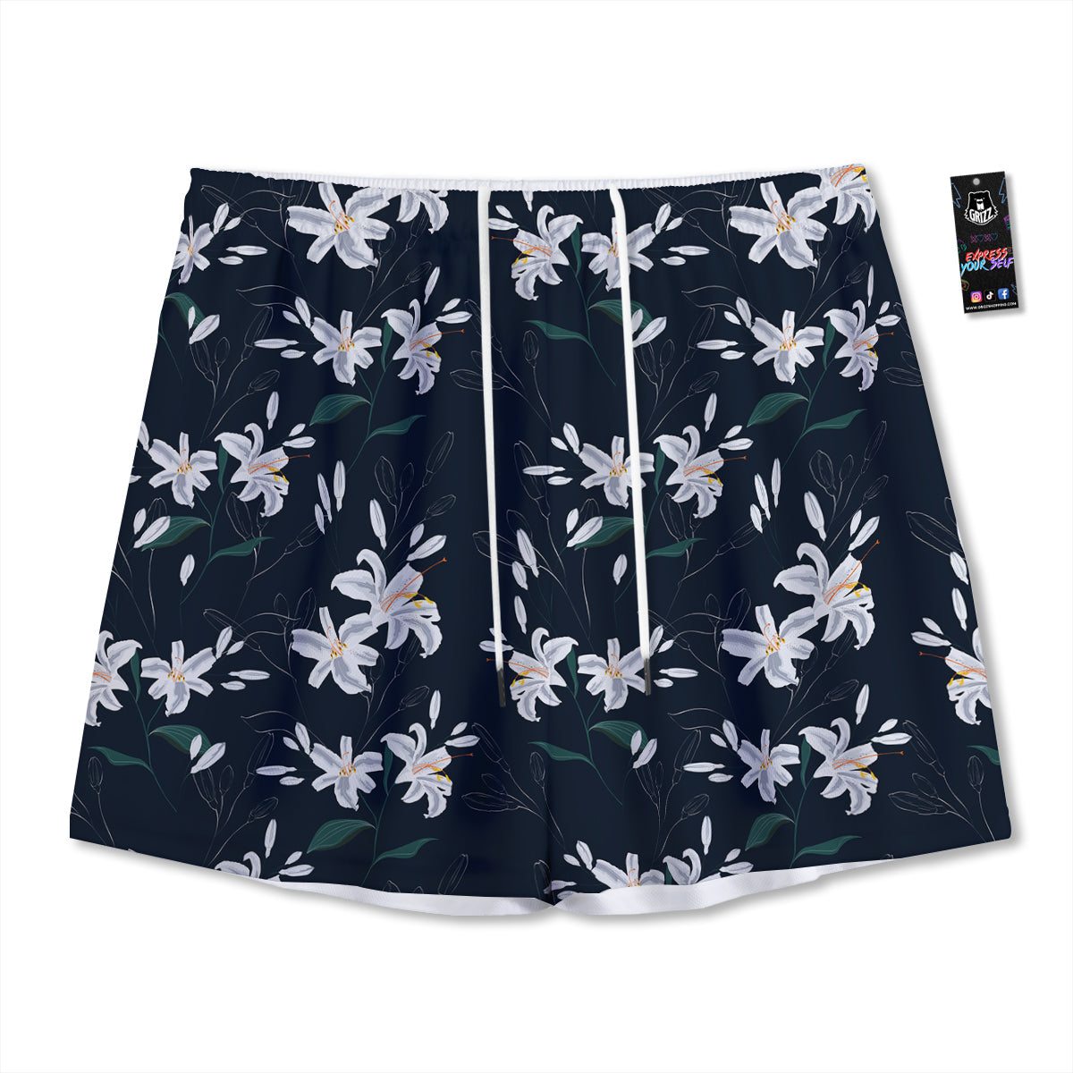 White Lily Black Print Pattern Mesh Shorts