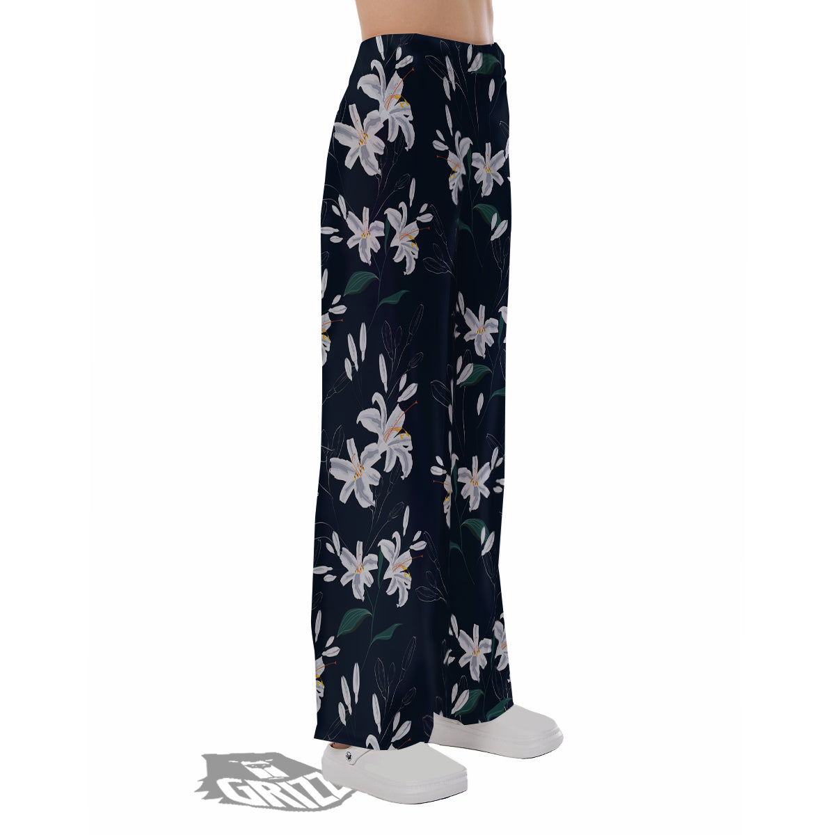 White Lily Black Print Pattern Pajama Pants-grizzshop