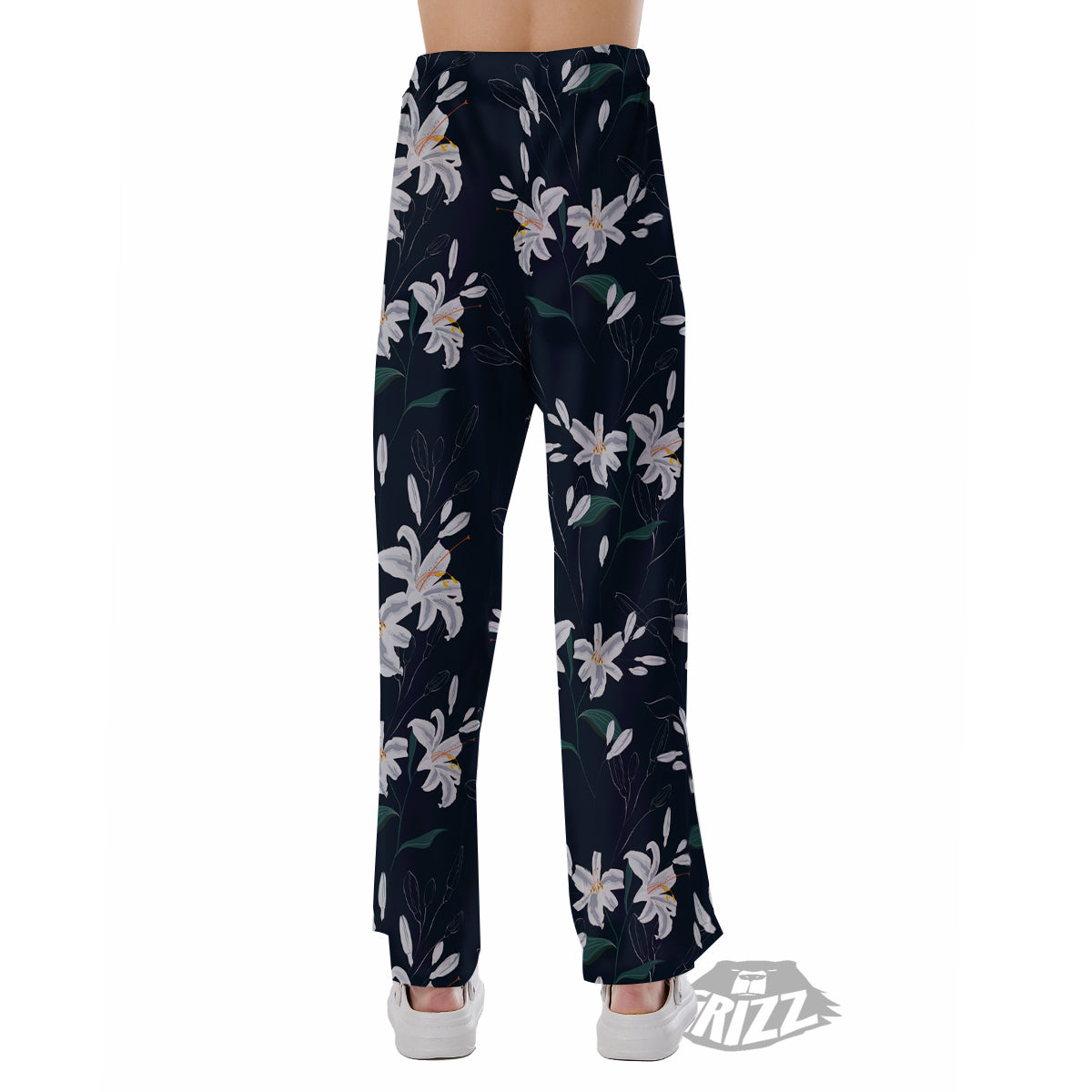 White Lily Black Print Pattern Pajama Pants-grizzshop