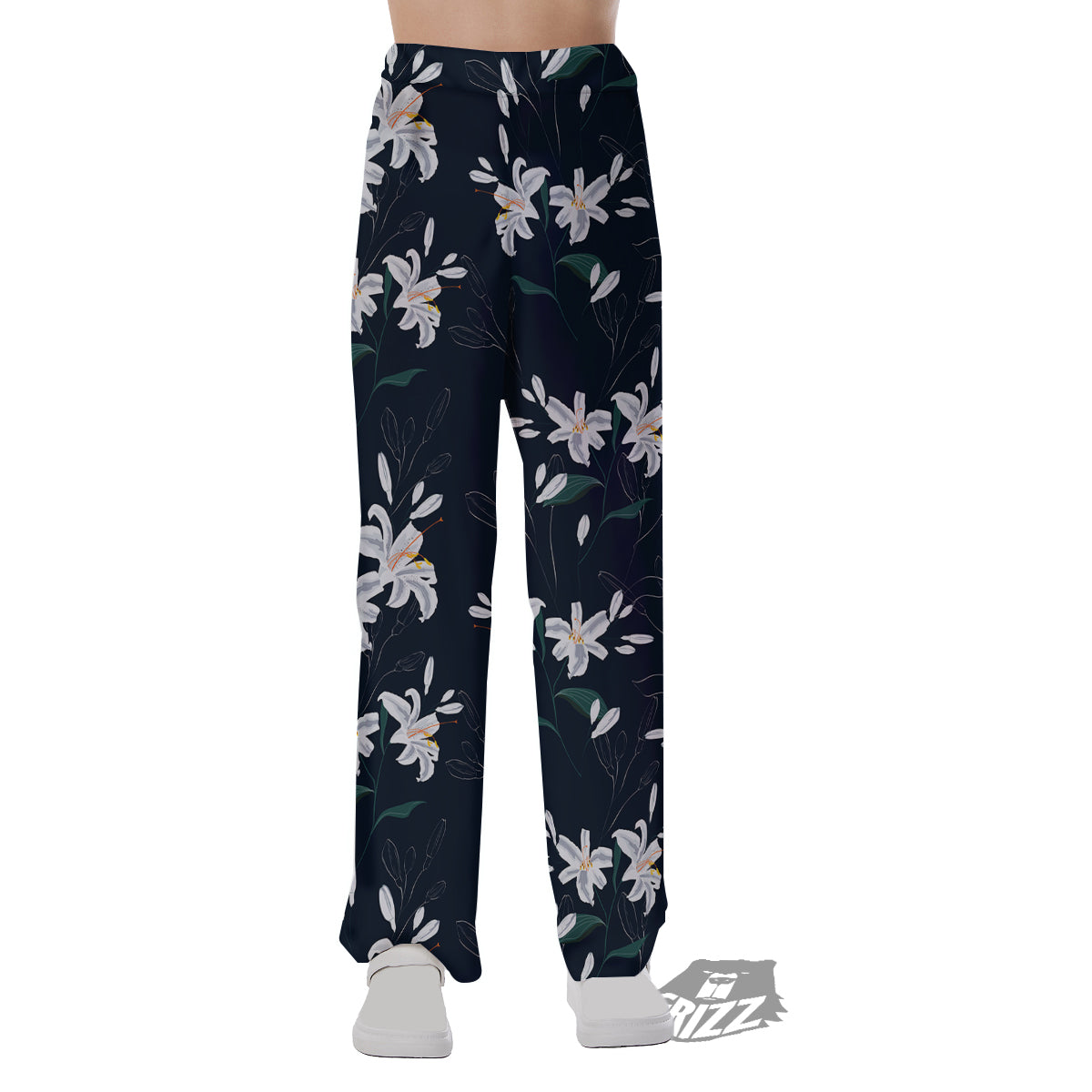 White Lily Black Print Pattern Pajama Pants-grizzshop