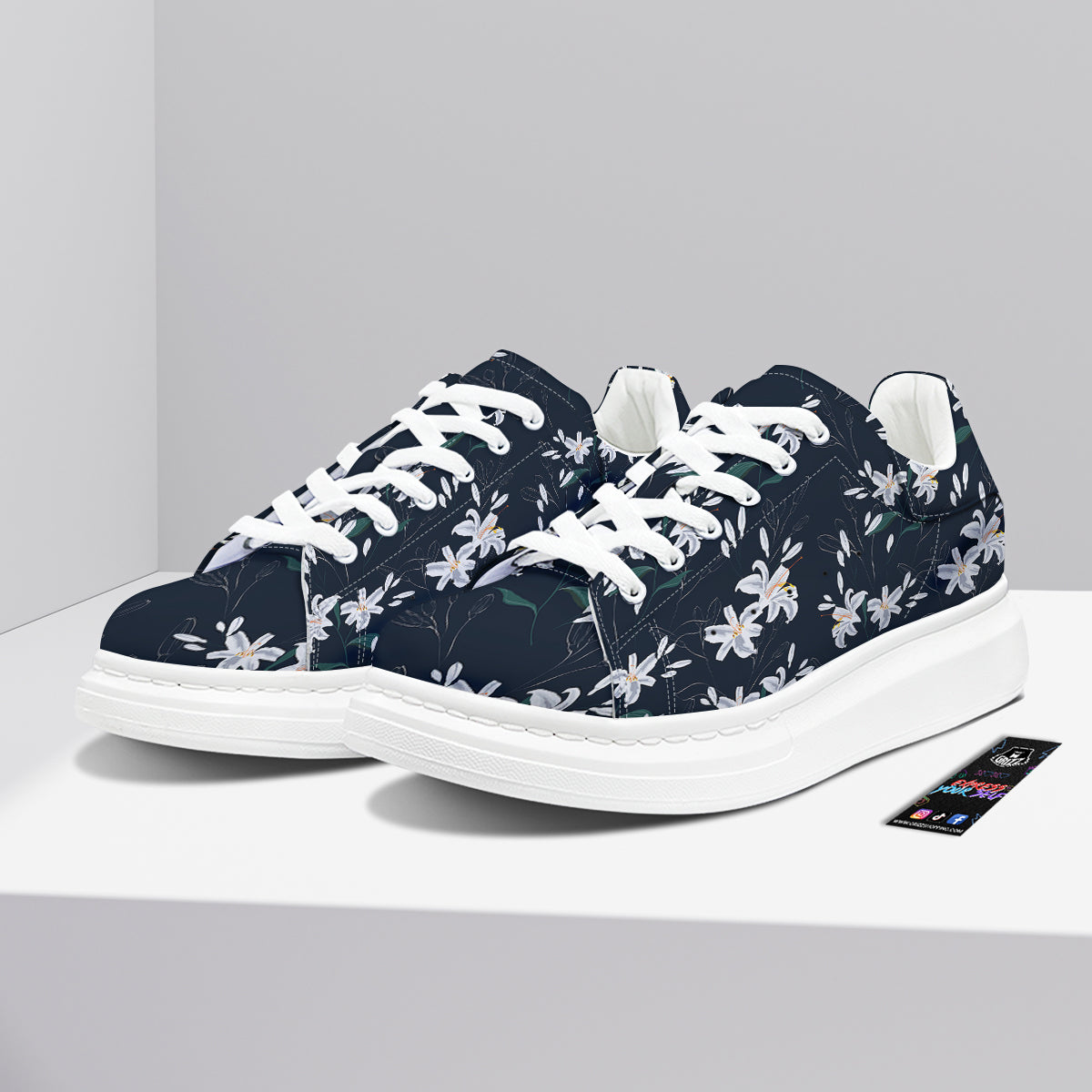 White Lily Black Print Pattern Platform Shoes-grizzshop