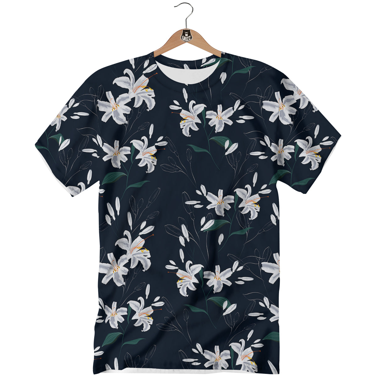 White Lily Black Print Pattern T-Shirt-grizzshop