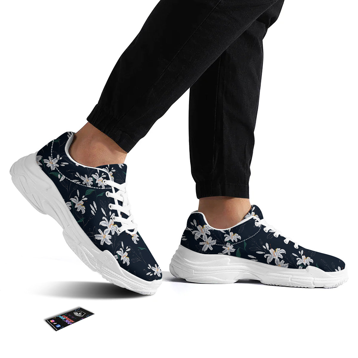 White Lily Black Print Pattern White Chunky Shoes-grizzshop