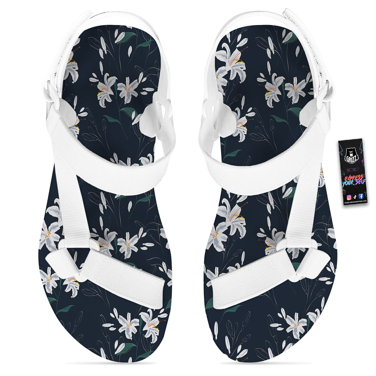 White Lily Black Print Pattern White Open Toe Sandals-grizzshop