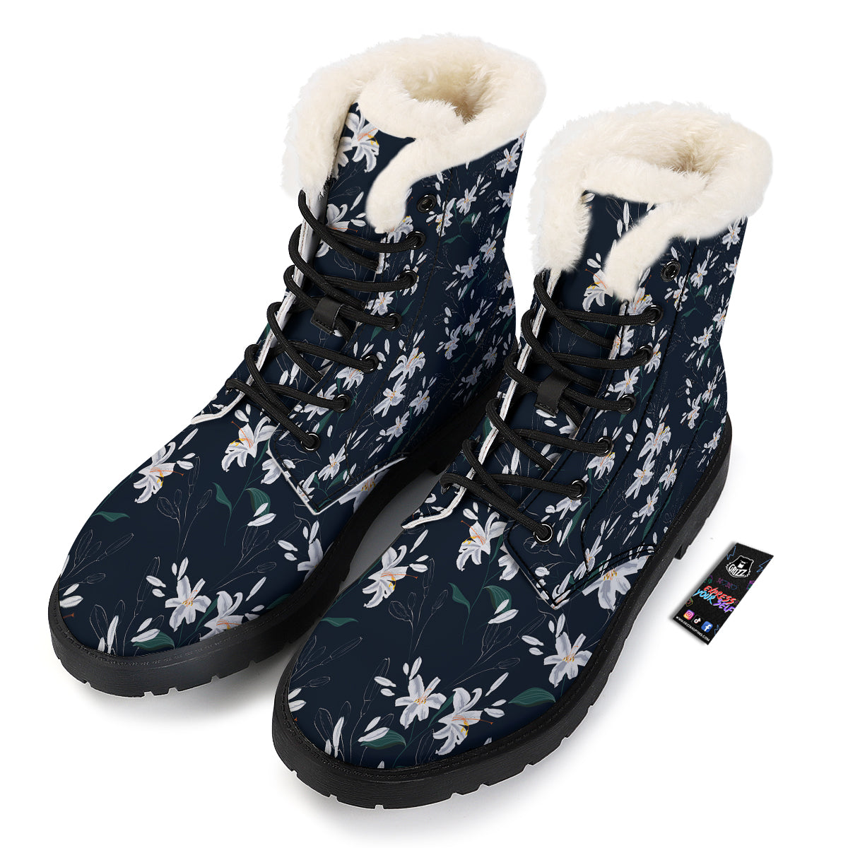 White Lily Black Print Pattern Winter Boots-grizzshop