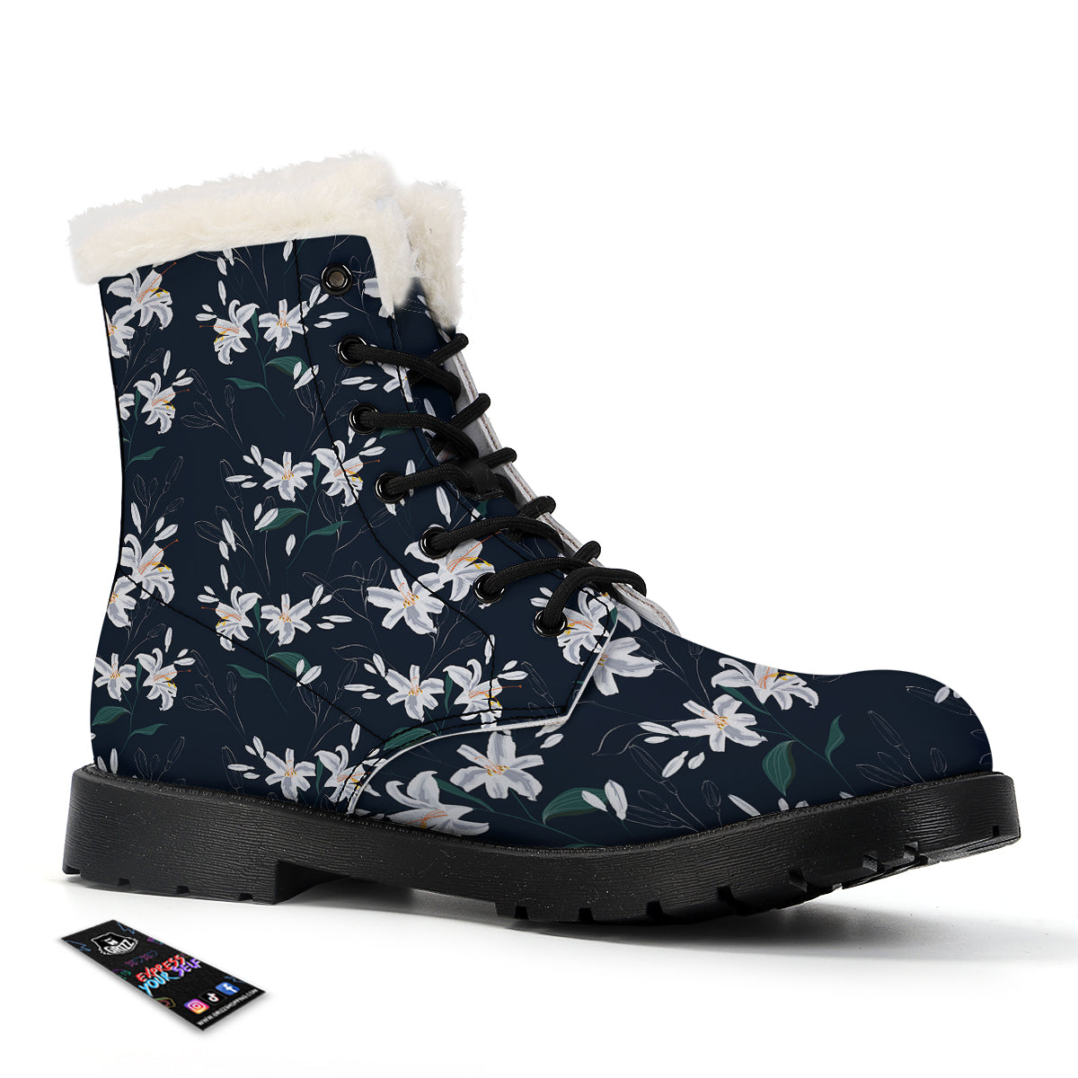 White Lily Black Print Pattern Winter Boots-grizzshop