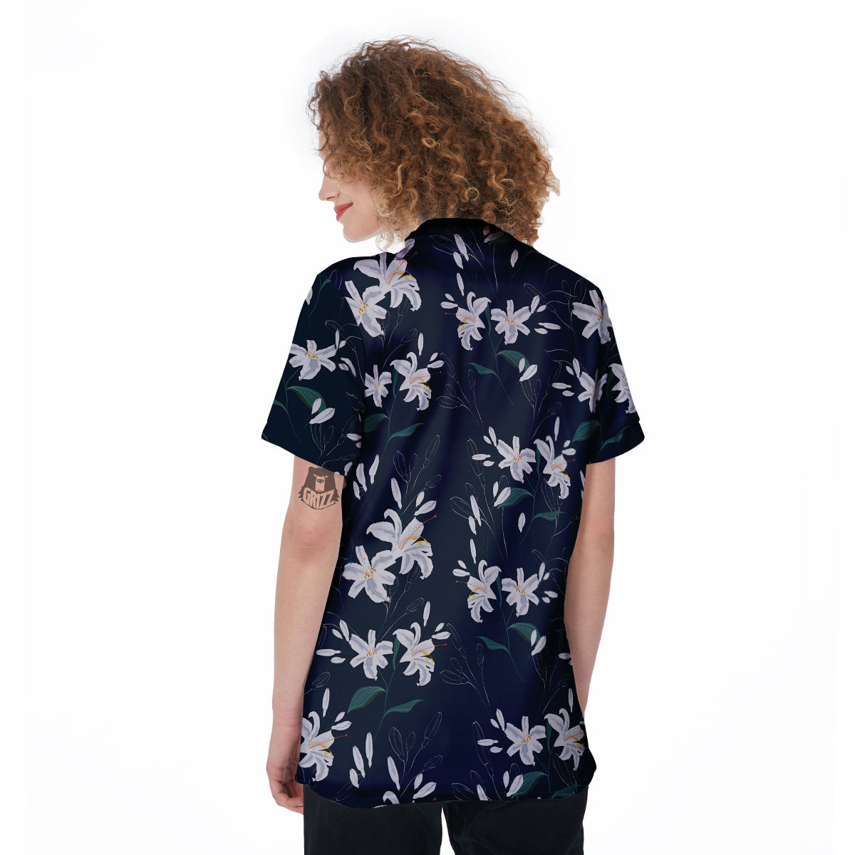 White Lily Black Print Pattern Women's Golf Shirts-grizzshop