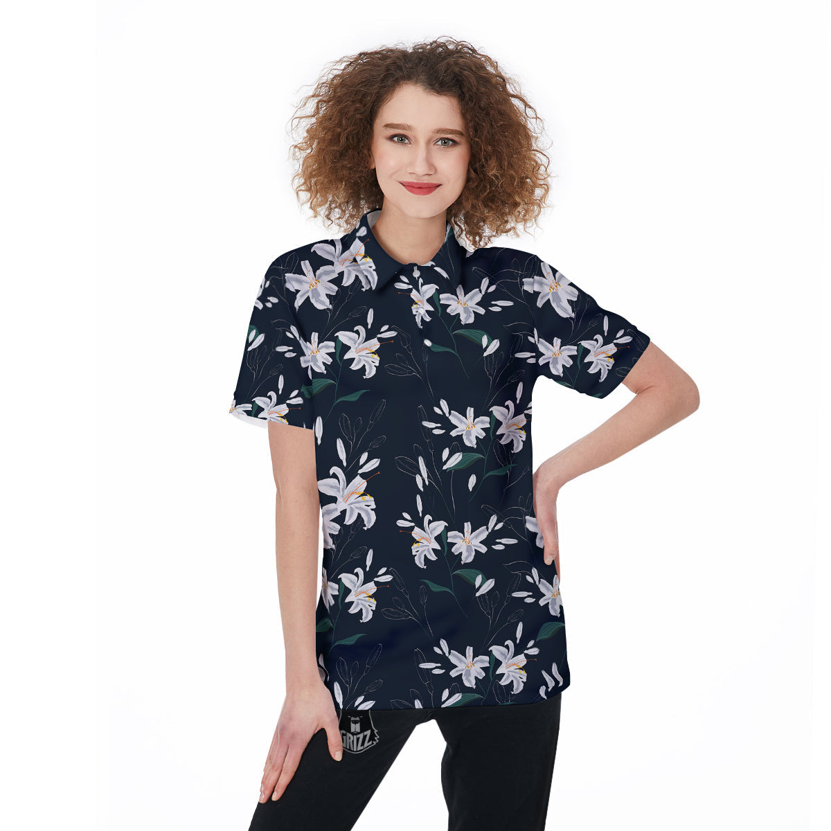 White Lily Black Print Pattern Women's Golf Shirts-grizzshop