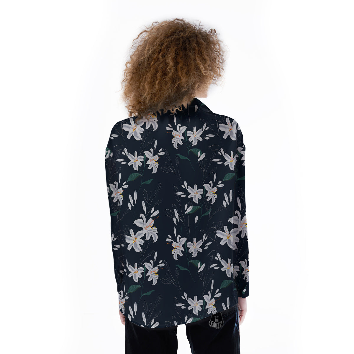 White Lily Black Print Pattern Women's Long Sleeve Shirts-grizzshop