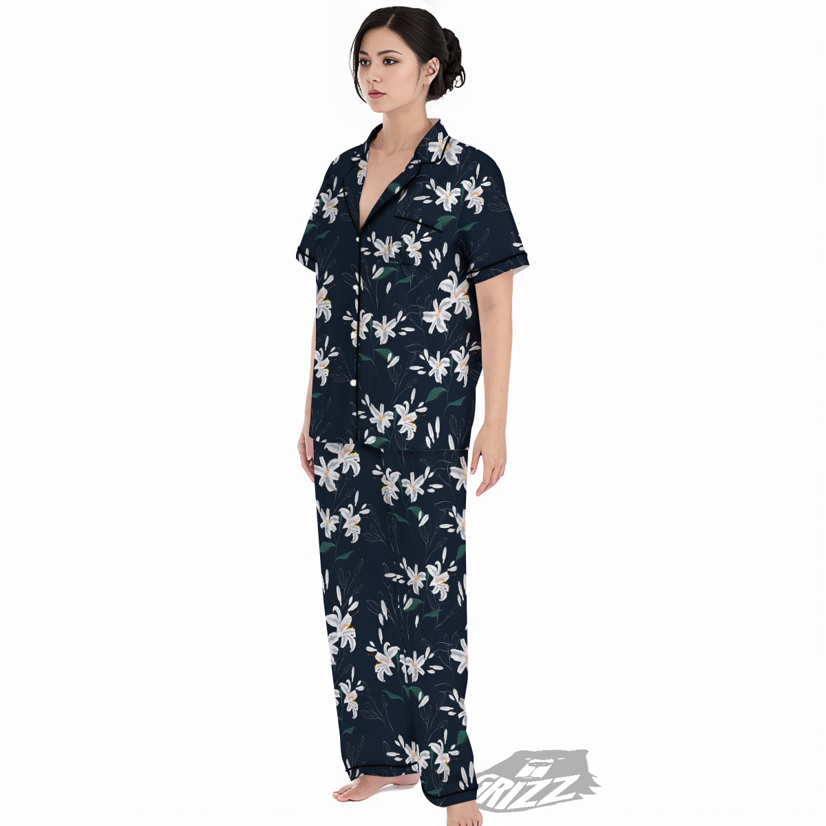 White Lily Black Print Pattern Women's Pajamas Set-grizzshop