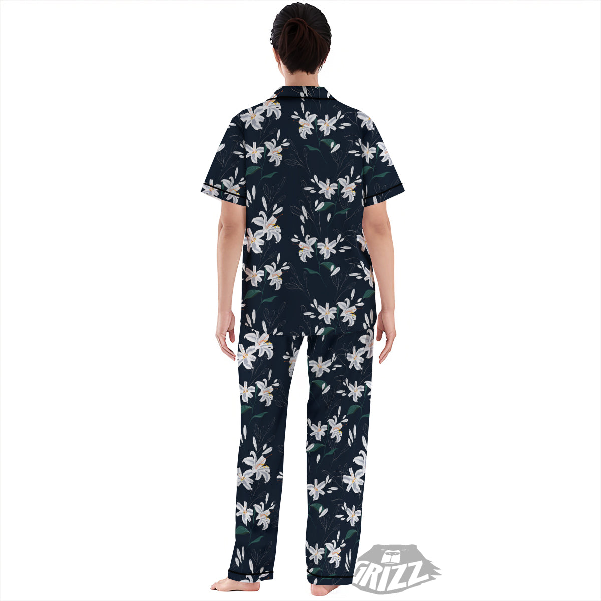 White Lily Black Print Pattern Women's Pajamas Set-grizzshop