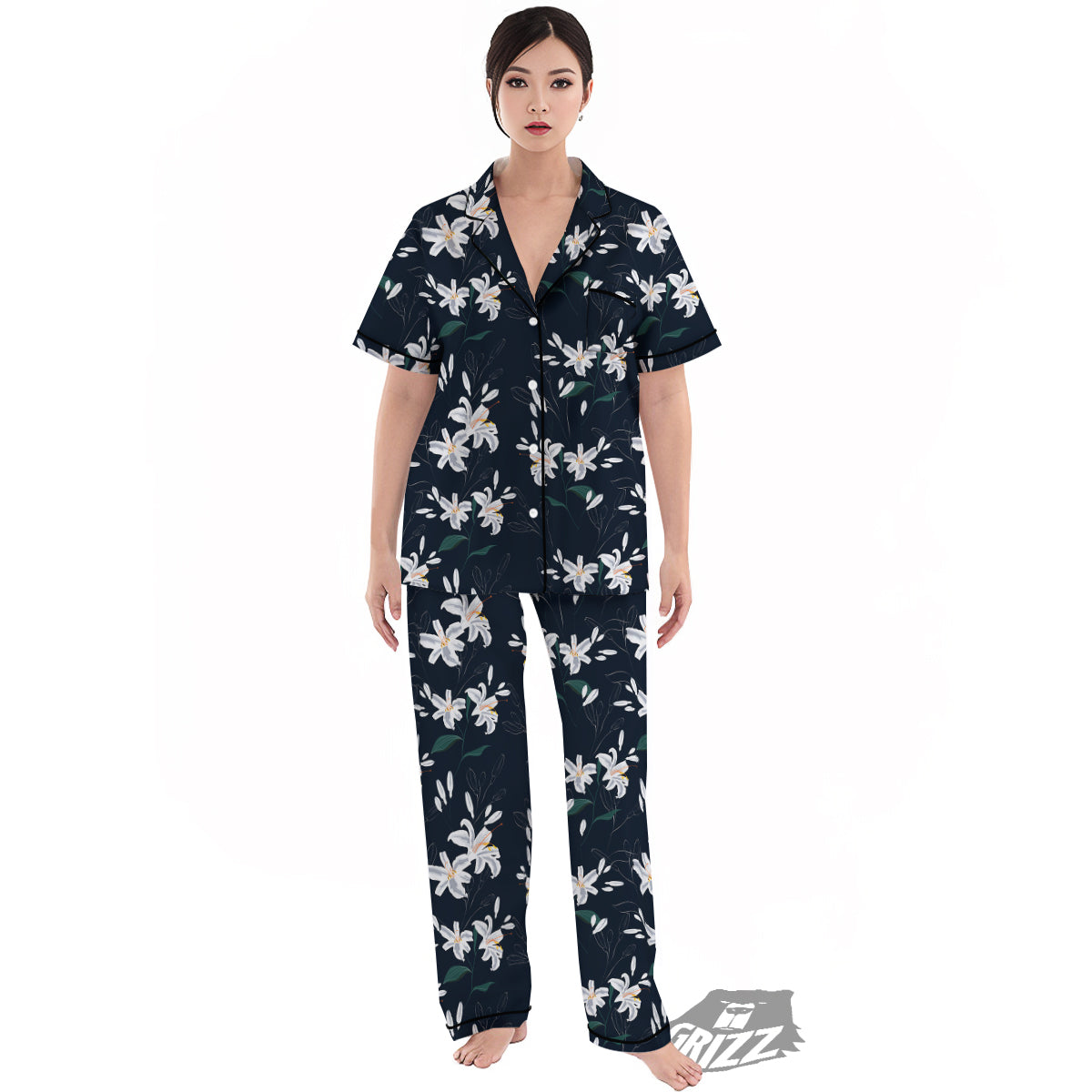 White Lily Black Print Pattern Women's Pajamas Set-grizzshop