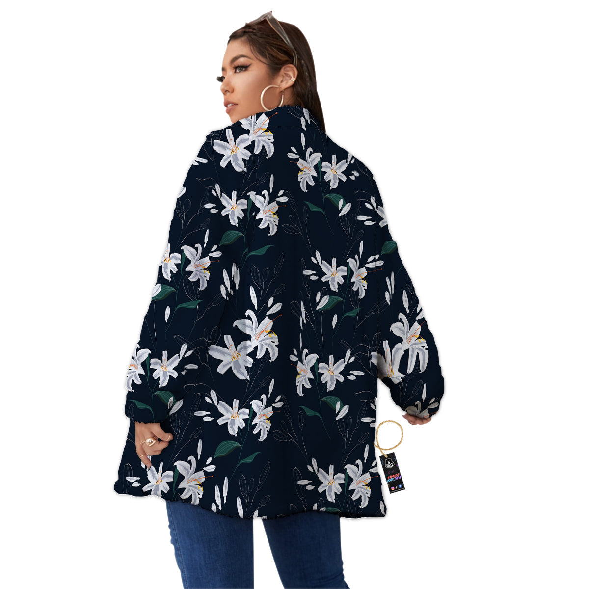 White Lily Black Print Pattern Women's Sherpa Jacket-grizzshop