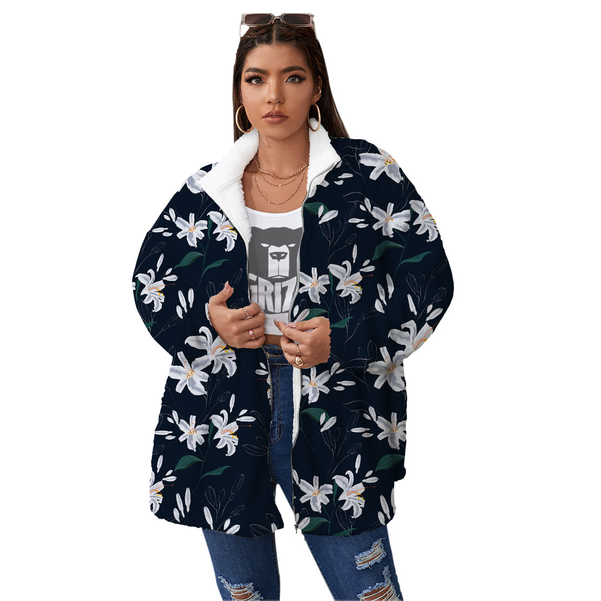 White Lily Black Print Pattern Women's Sherpa Jacket-grizzshop