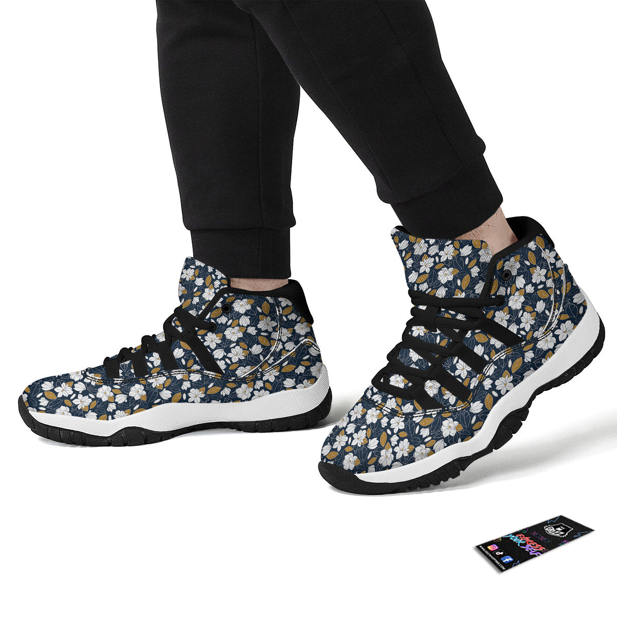 White Magnolia And Leaf Brown Print Pattern Black Bball Shoes-grizzshop