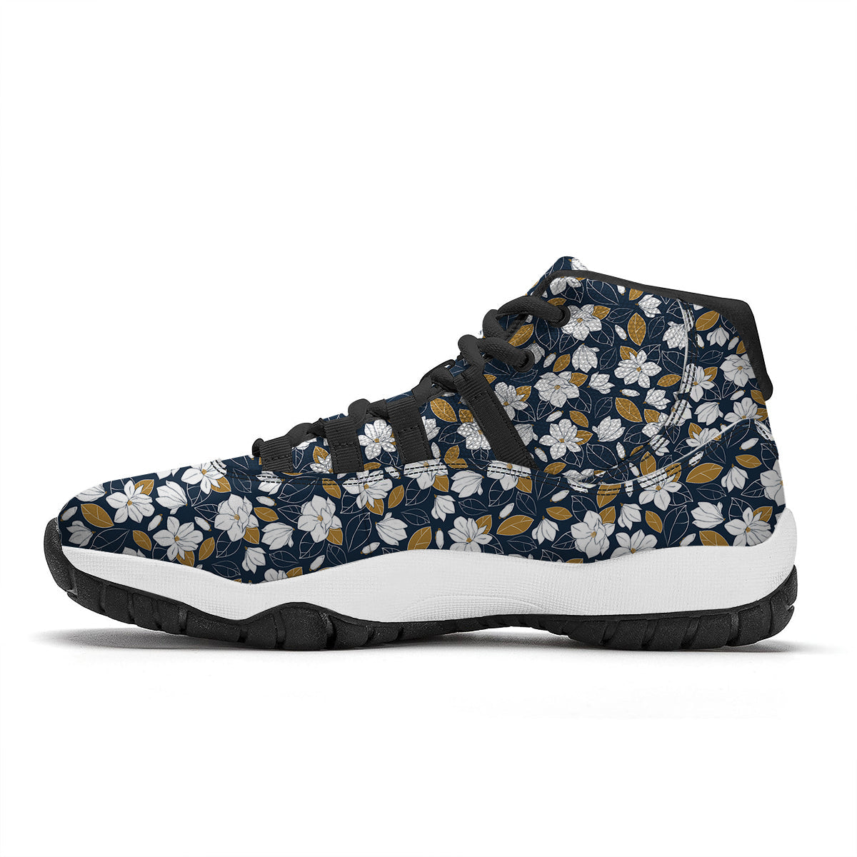 White Magnolia And Leaf Brown Print Pattern Black Bball Shoes-grizzshop