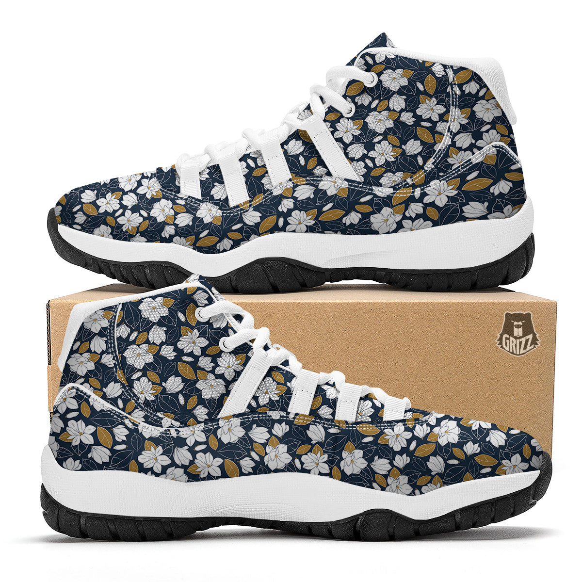 White Magnolia And Leaf Brown Print Pattern White Bball Shoes-grizzshop