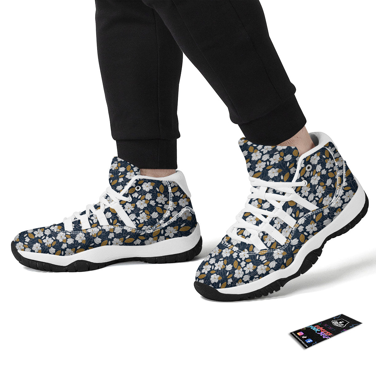 White Magnolia And Leaf Brown Print Pattern White Bball Shoes-grizzshop