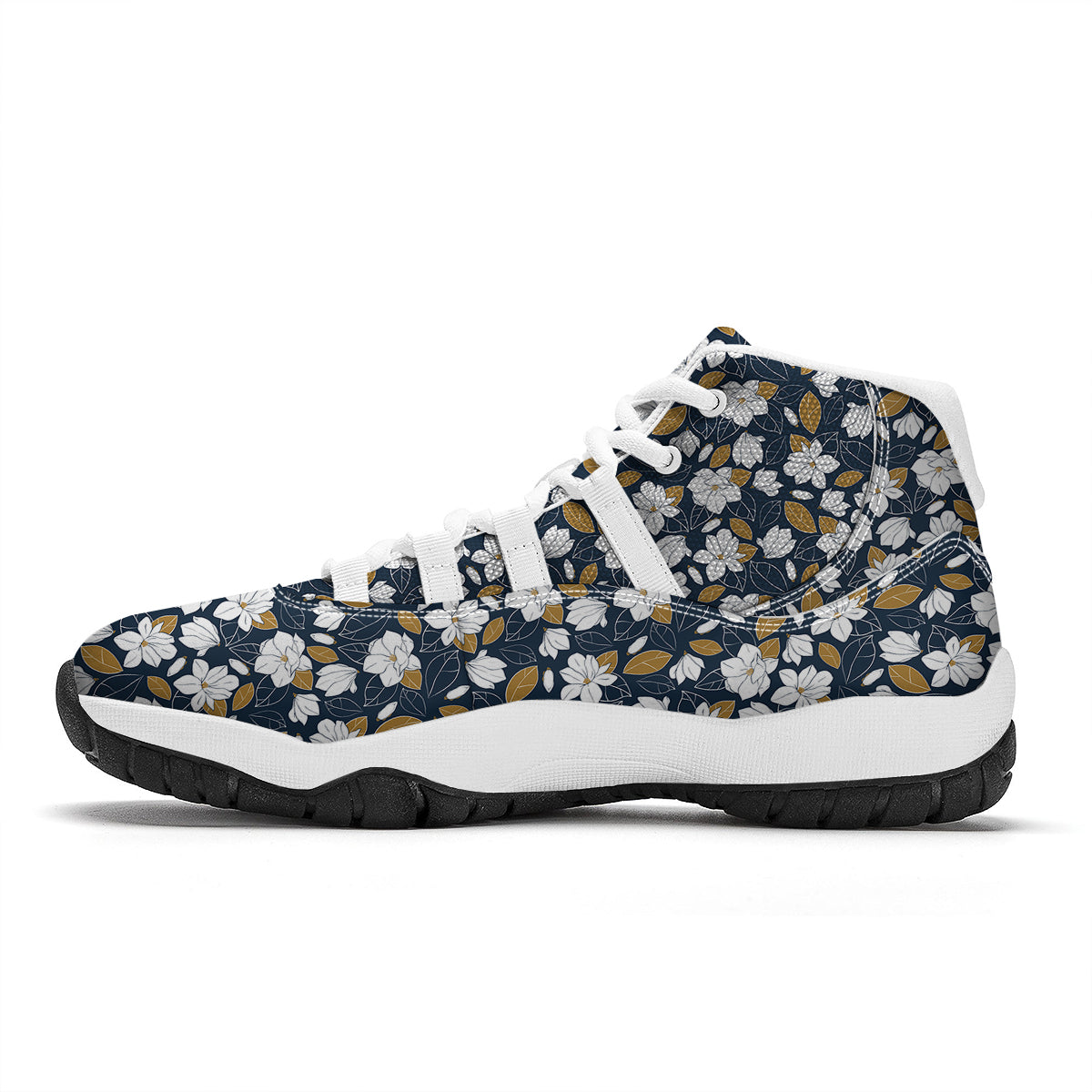 White Magnolia And Leaf Brown Print Pattern White Bball Shoes-grizzshop