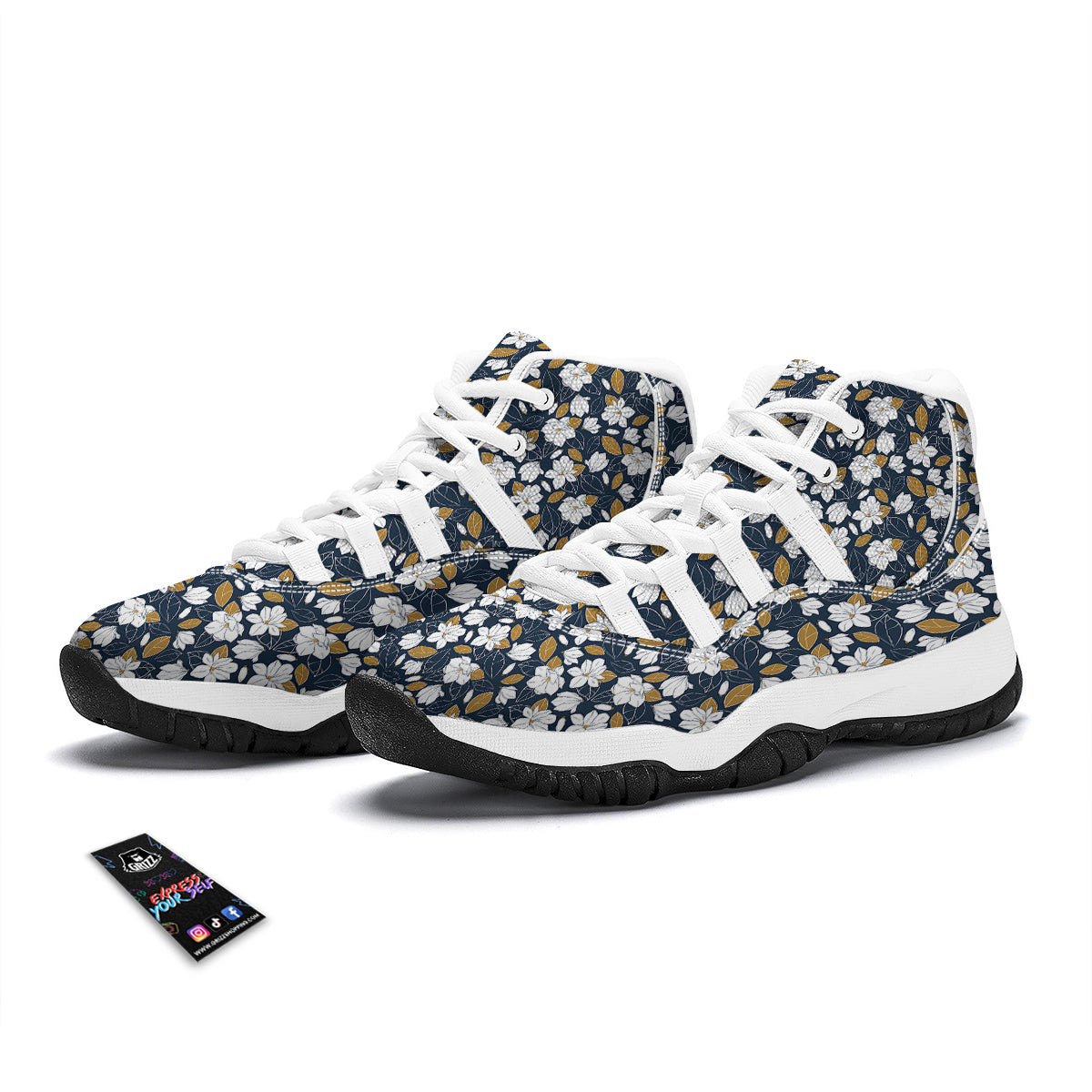 White Magnolia And Leaf Brown Print Pattern White Bball Shoes-grizzshop