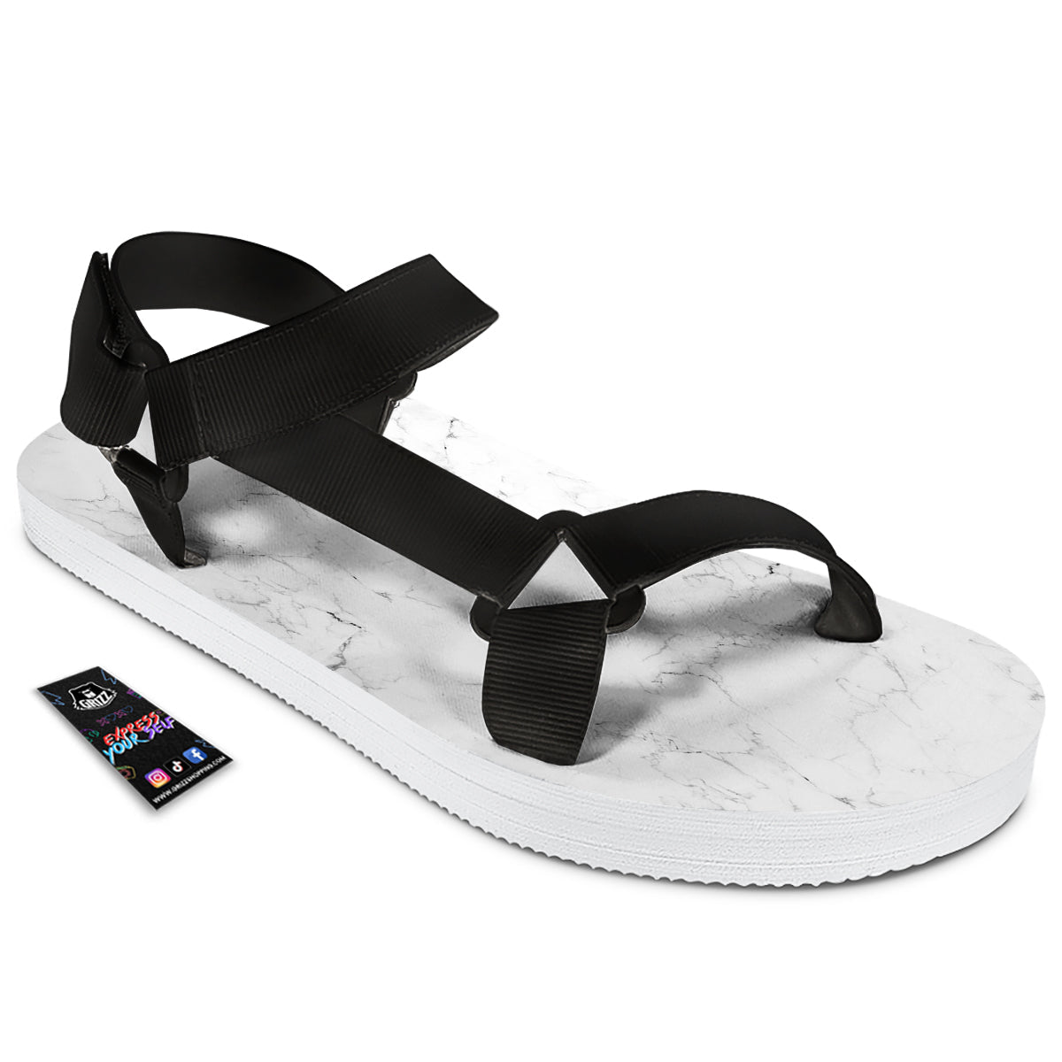 White Marble Pattern Black Open Toe Sandals-grizzshop