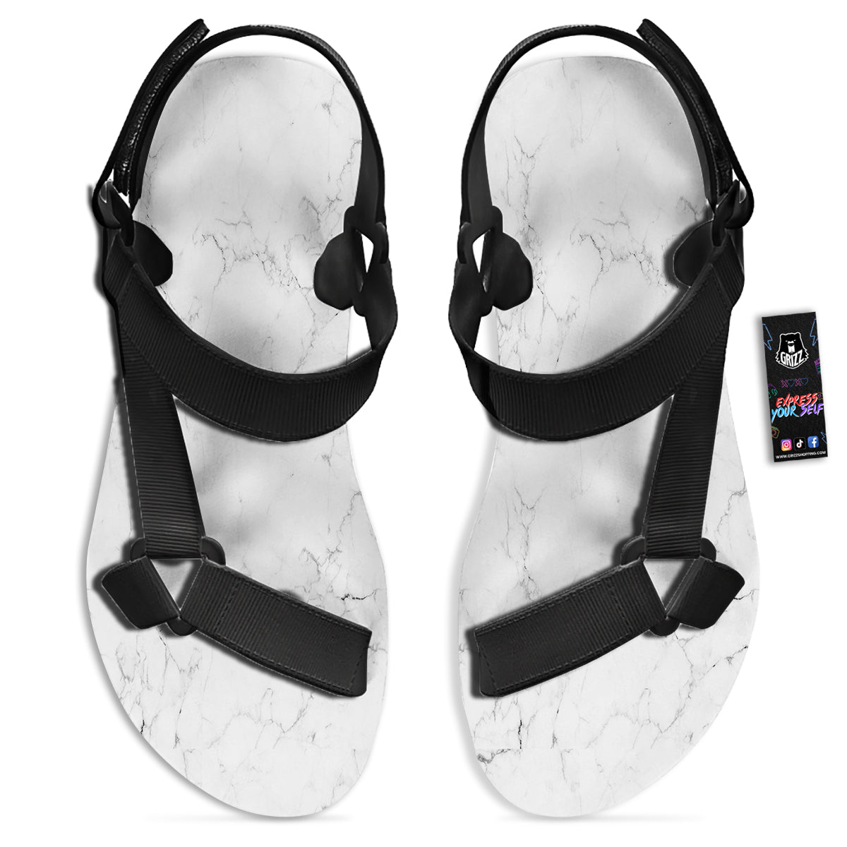 White Marble Pattern Black Open Toe Sandals-grizzshop