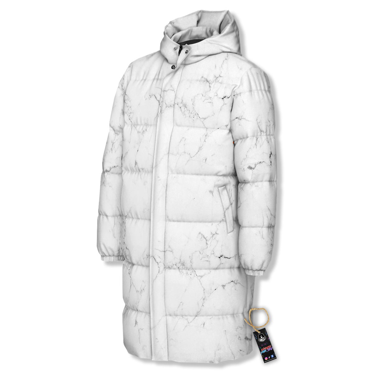 White Marble Pattern Long Down Jacket-grizzshop