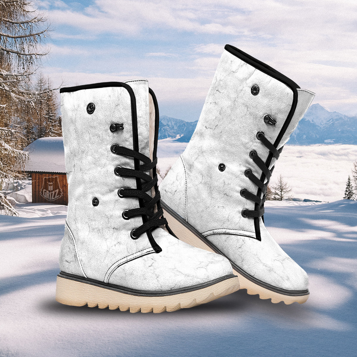 White Marble Pattern Snow Boots-grizzshop