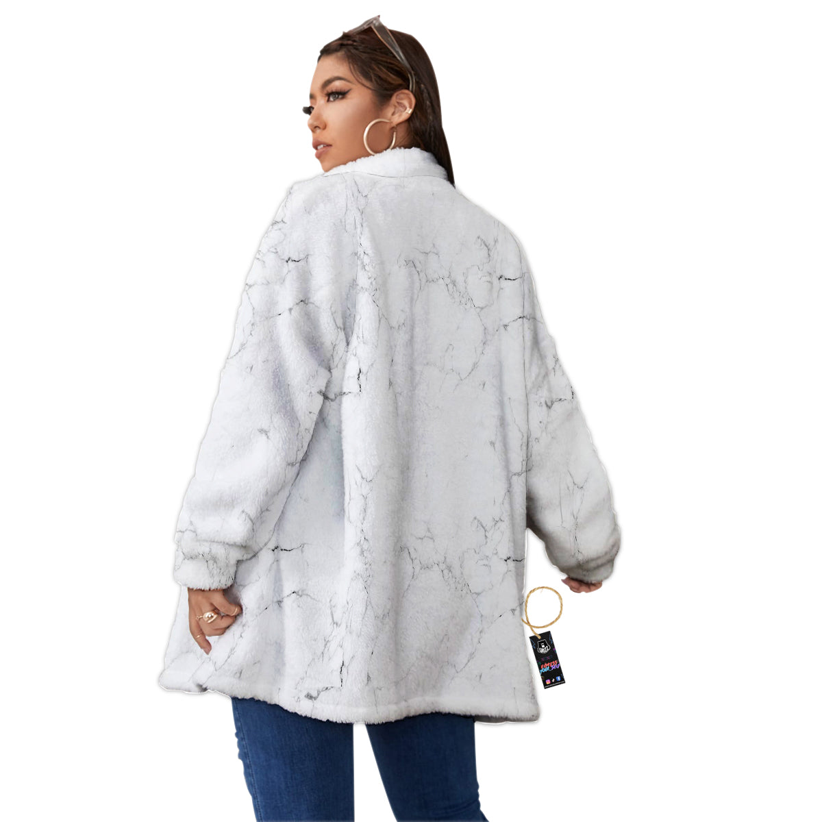 White Marble Pattern Women's Sherpa Jacket-grizzshop