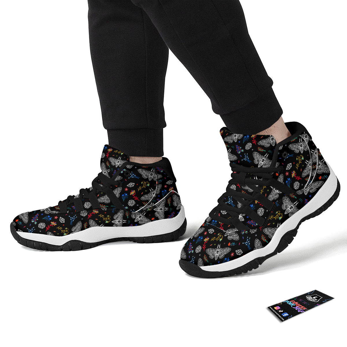 White Moth Hand Drawn Print Pattern Black Bball Shoes-grizzshop