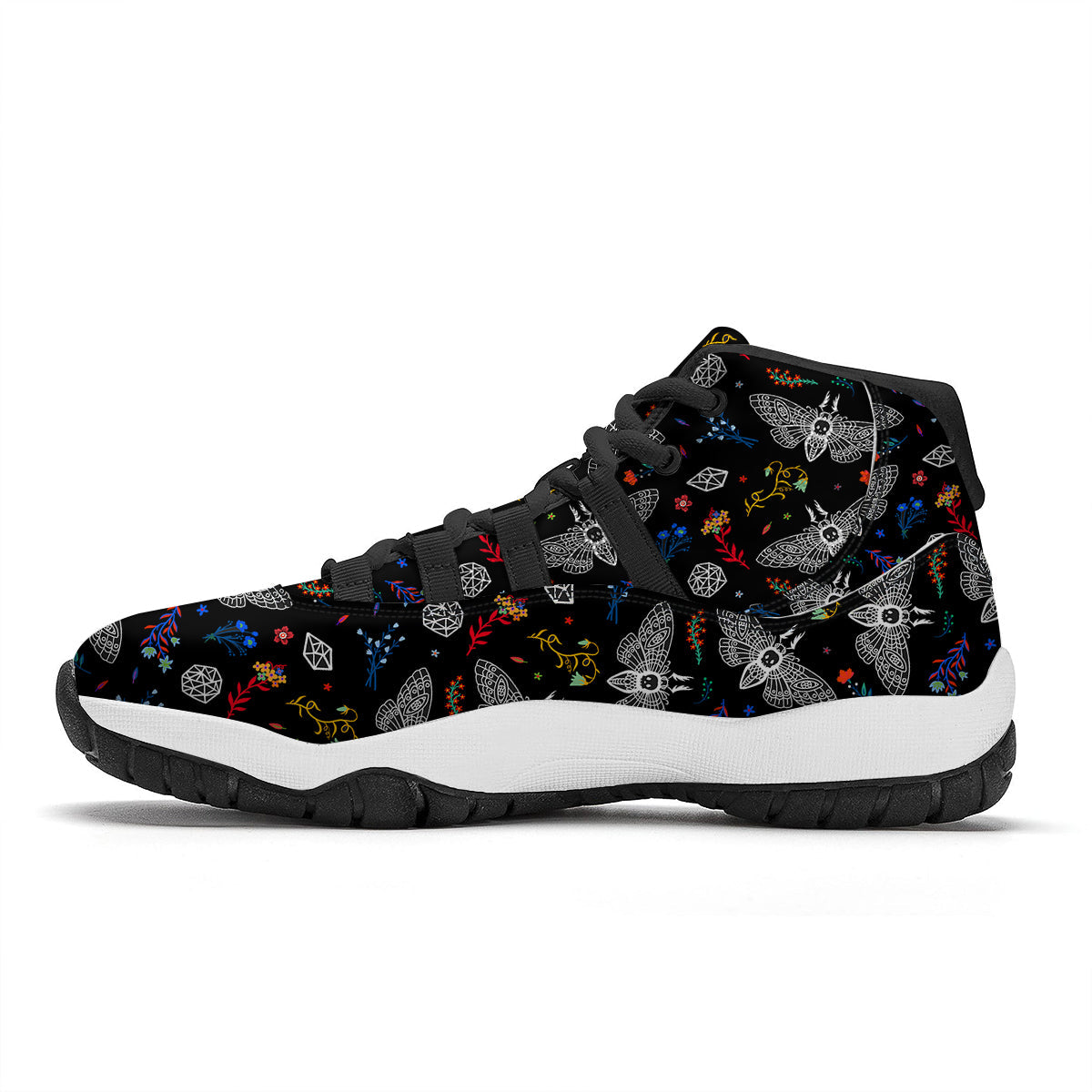 White Moth Hand Drawn Print Pattern Black Bball Shoes-grizzshop