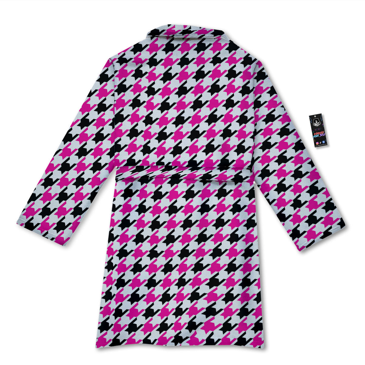 White Pink And Black Houndstooth Print Bathrobe-grizzshop