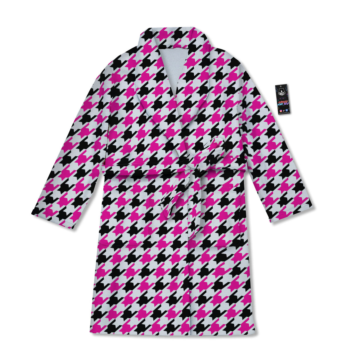 White Pink And Black Houndstooth Print Bathrobe-grizzshop