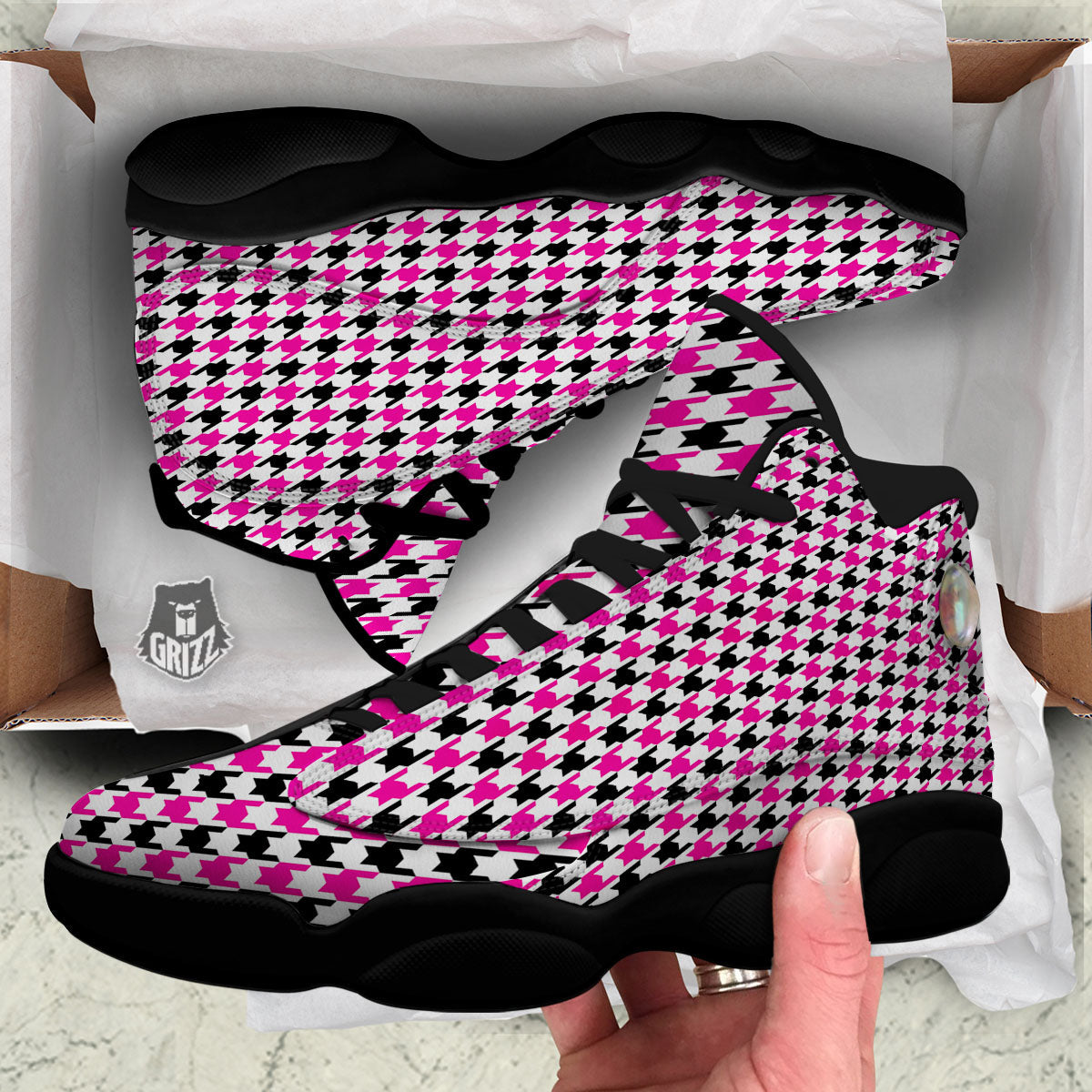 White Pink And Black Houndstooth Print Black Basketball Shoes-grizzshop
