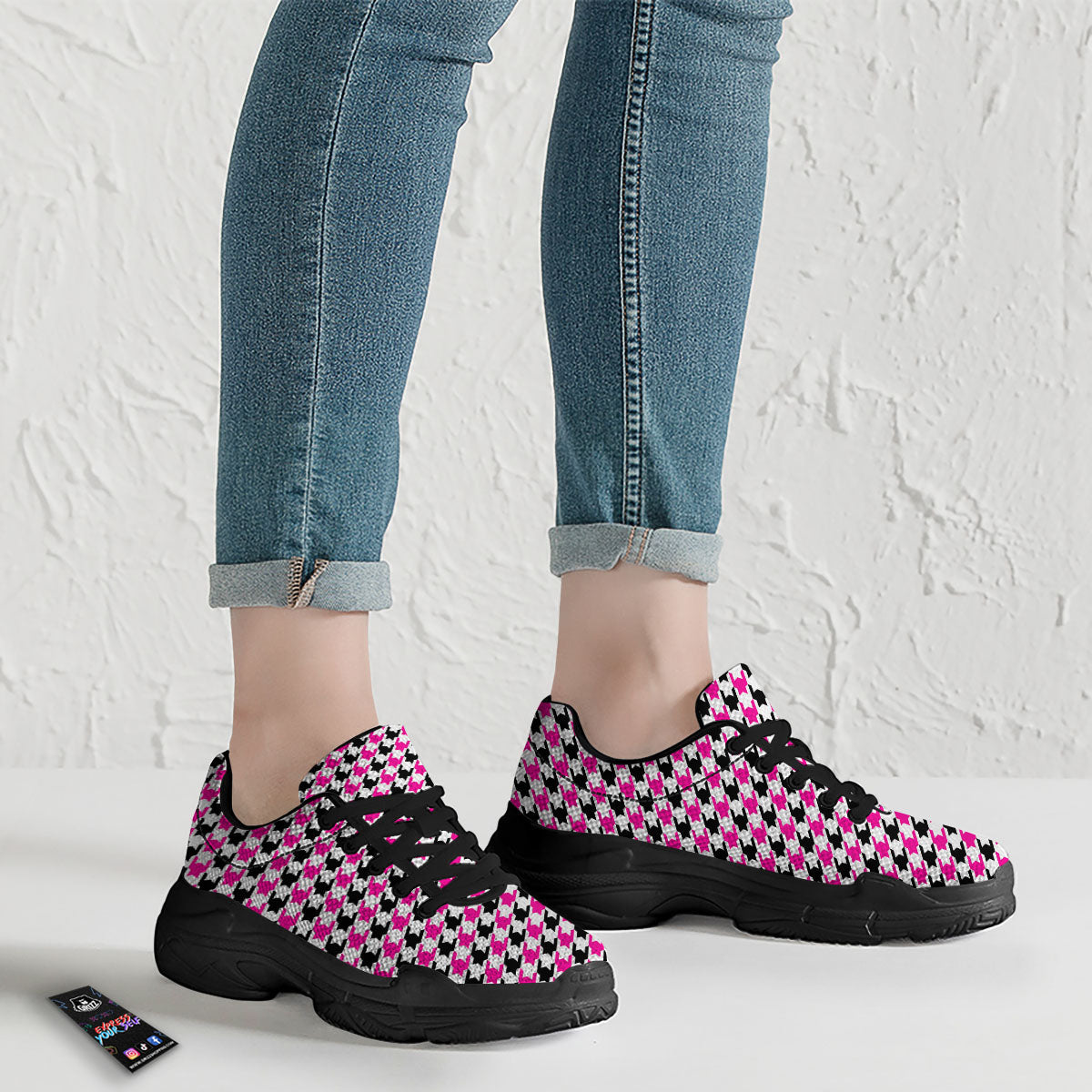 White Pink And Black Houndstooth Print Black Chunky Shoes-grizzshop