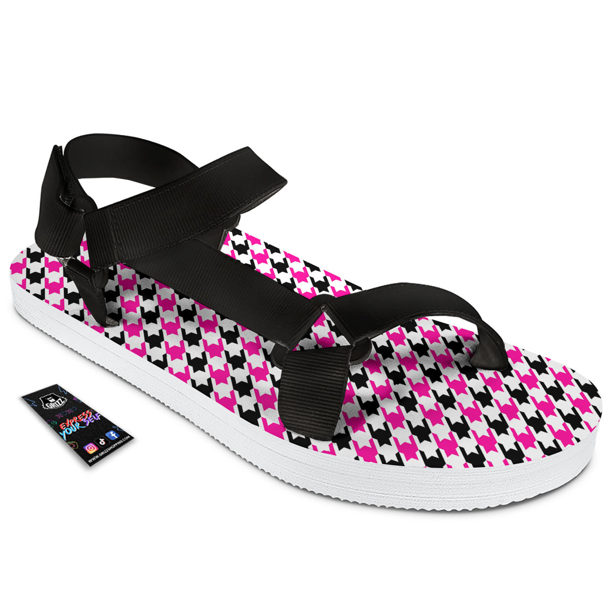 White Pink And Black Houndstooth Print Black Open Toe Sandals-grizzshop