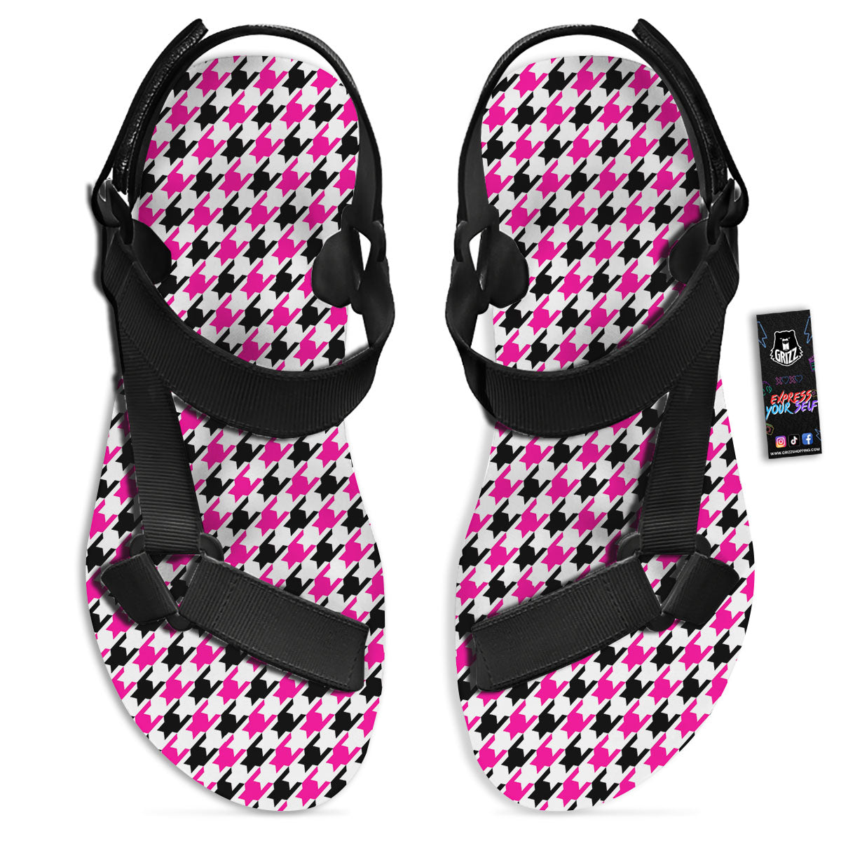 White Pink And Black Houndstooth Print Black Open Toe Sandals-grizzshop