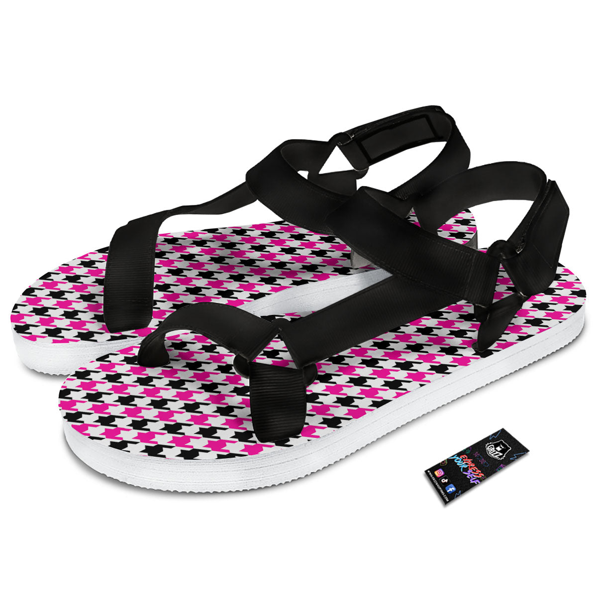 White Pink And Black Houndstooth Print Black Open Toe Sandals-grizzshop