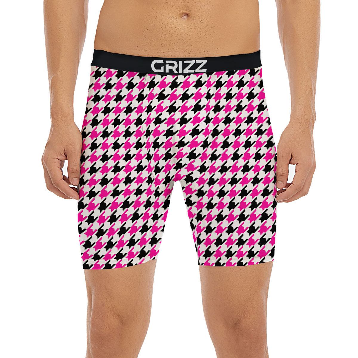 White Pink And Black Houndstooth Print Boxer Briefs-grizzshop